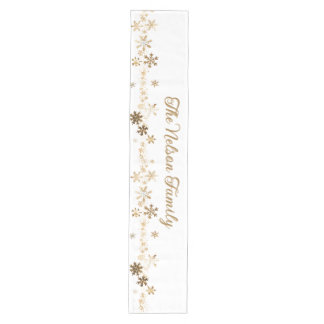 Minimalist Gold and White Snowflake Family Name Medium Table Runner