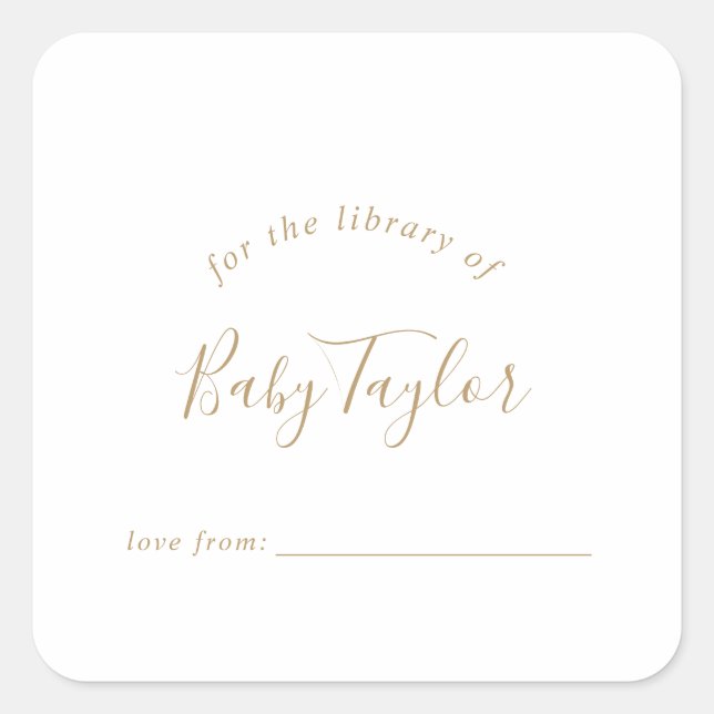 Minimalist Gold Baby Shower Bookplate Square Sticker (Front)