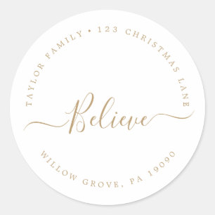 Minimalist Gold Believe Holiday Circular Address Classic Round Sticker
