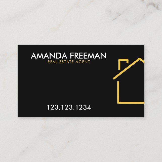Minimalist Gold & Black House Outline Real Estate Business Card (Front)