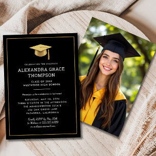 Minimalist Gold Black Photo Modern Graduation Invitation