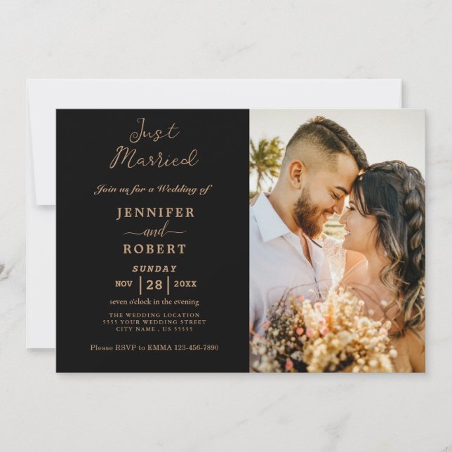 Minimalist Gold Black Photo Wedding Reception  Invitation (Front)