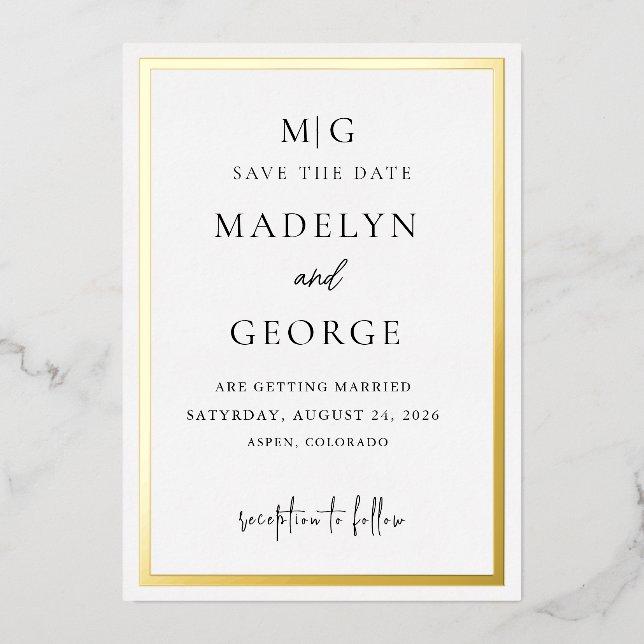 Minimalist Gold Border Save the Date Wedding Card (Front)