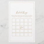 Minimalist Gold Bridal Bingo Game Flyer<br><div class="desc">This minimalist gold bridal bingo game is perfect for a simple wedding shower. The modern romantic design features classic gold and white typography paired with a rustic yet elegant calligraphy with vintage hand lettered style. Customizable in any colour. Keep the design simple and elegant, as is, or personalize it by...</div>
