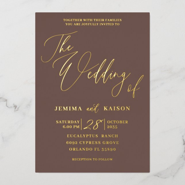 Minimalist Gold Calligraphy Earth Tones Wedding  F (Front)