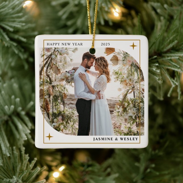 Minimalist Gold Christmas Wedding Photo Ceramic Ornament (Tree)