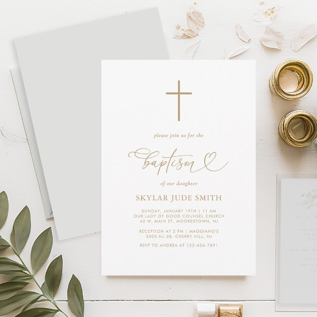 Minimalist Gold Cross Calligraphy Baptism  Invitation (Creator Uploaded)