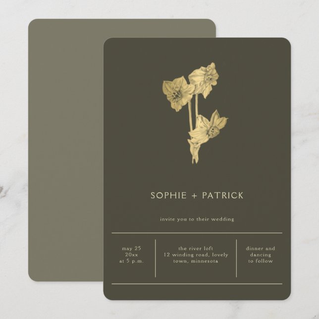 Minimalist Gold Daffodils Dark Sage Spring Wedding Invitation (Front/Back)