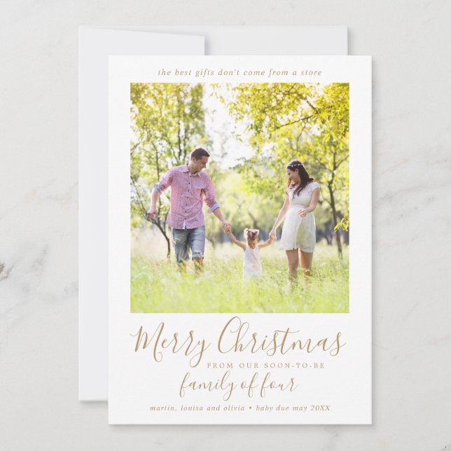 Minimalist Gold Family of Four Pregnancy Photo Holiday Card (Front)