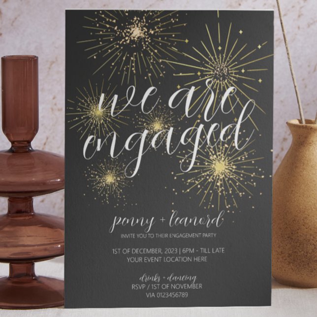 Minimalist Gold Fireworks Engagement Party  Invitation (black and gold theme engagement party invite zazzle)