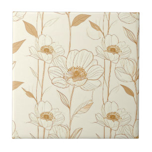Minimalist Gold Flower Line Art on Cream Tile