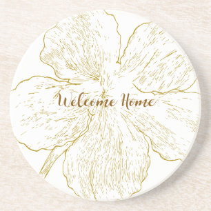 Minimalist Gold Flower Line Art Personalized Coaster