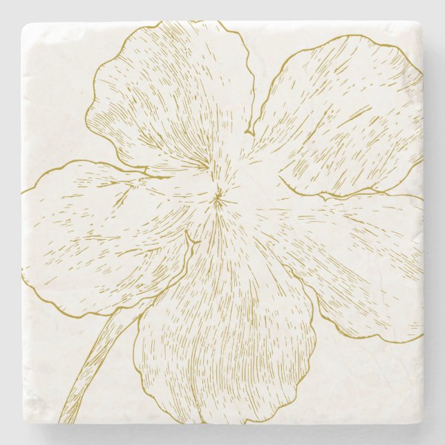 Minimalist Gold Flower Line Art Personalized  Stone Coaster (Front)