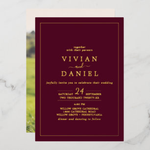 Minimalist Gold Foil Burgundy Photo Back Wedding