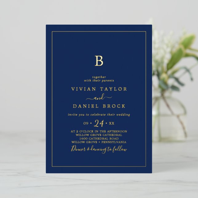 Minimalist Gold Foil | Navy Blue Monogram Wedding (Standing Front)