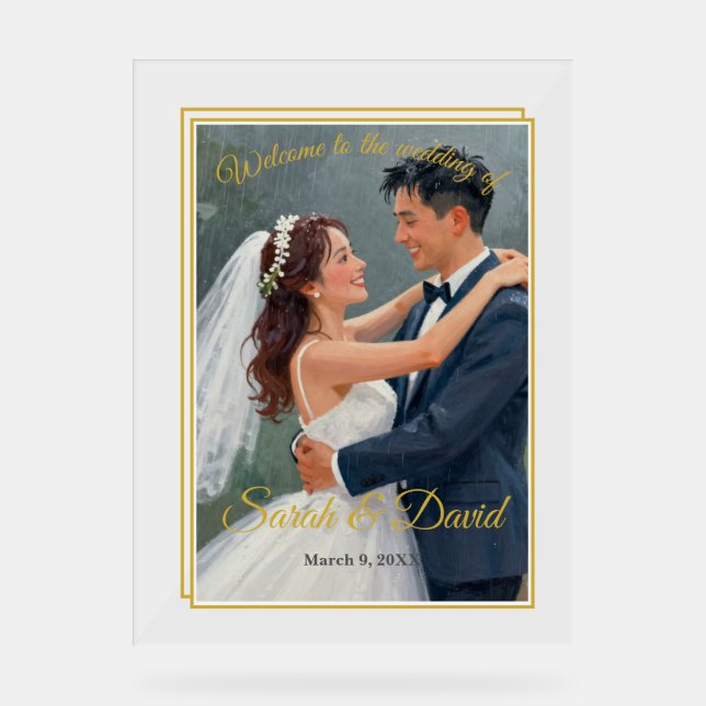 Minimalist Gold Frame Wedding Poster Acrylic Sign (Front)