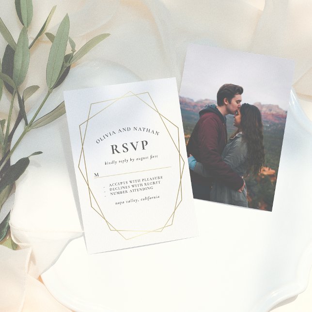 Minimalist Gold Geometric Wedding Photo RSVP Card (Creator Uploaded)