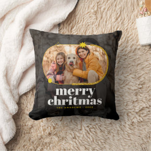 Minimalist Gold Glitter Christmas Family Photo Throw Pillow