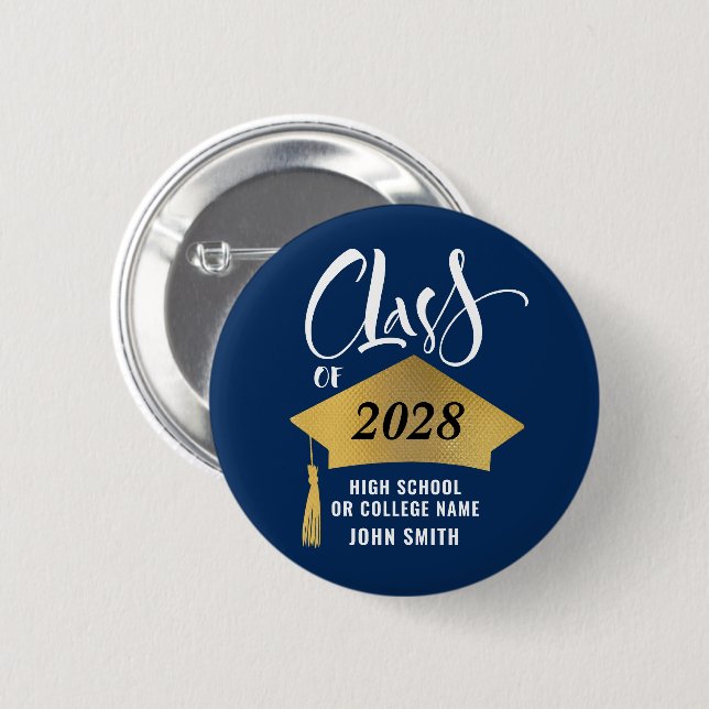 Minimalist Gold Grad Cap Stylish Script Graduation 2 Inch Round Button (Front & Back)