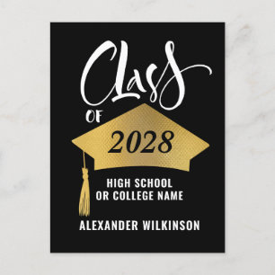 Minimalist Gold Grad Cap Stylish Script Graduation Announcement Postcard