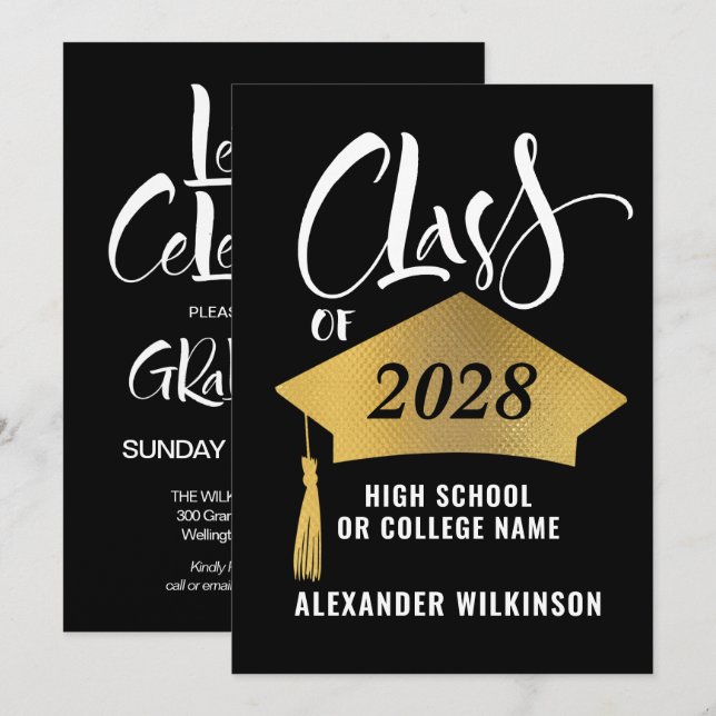 Minimalist Gold Grad Cap Stylish Script Graduation Invitation (Front/Back)