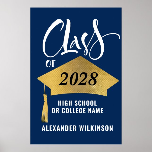 Minimalist Gold Grad Cap Stylish Script Graduation Poster (Front)