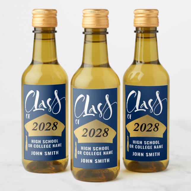 Minimalist Gold Grad Cap Stylish Script Graduation Wine Label (Bottles)
