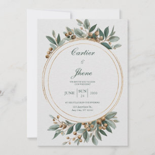 Minimalist Gold & Green Botanical Circle Wedding Invitation