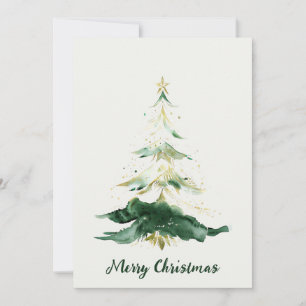 Minimalist Gold & Green Watercolor Christmas Tree Holiday Card