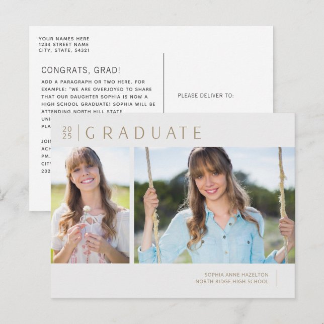 Minimalist Gold & Grey Two Photo Graduation Party Postcard (Front/Back)