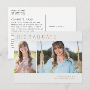 Minimalist Gold & Grey Two Photo Graduation Party Postcard