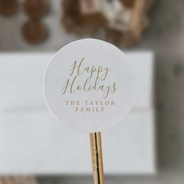 Minimalist Gold Happy Holidays Holiday Gift Classic Round Sticker (Creator Uploaded)