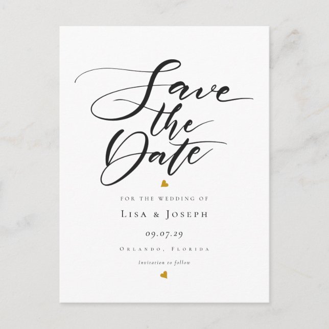 Minimalist Gold Hearts Black and White Script Save Postcard (Front)