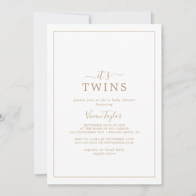 Minimalist Gold It's Twins Baby Shower Invitation (Front)