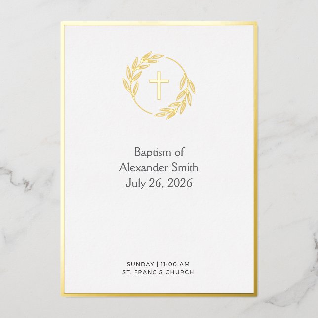 Minimalist Gold Laurel Cross Baptism Invitation (Front)
