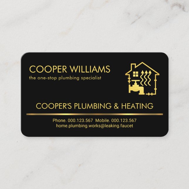 Minimalist Gold Line Plumbing Heating Business Card (Front)