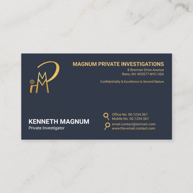 Minimalist Gold Magnifying Glass Buttons P I  Business Card (Front)