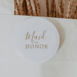 Minimalist Gold Maid of Honour Bridal Shower 2 Inch Round Button<br><div class="desc">This minimalist gold maid of honour bridal shower button is perfect for a simple wedding shower. The modern romantic design features classic gold and white typography paired with a rustic yet elegant calligraphy with vintage hand lettered style. Customizable in any colour. Keep the design simple and elegant, as is, or...</div>