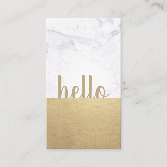 Minimalist Gold Marble Hello Luxe Writer Vertical Business Card (Front)