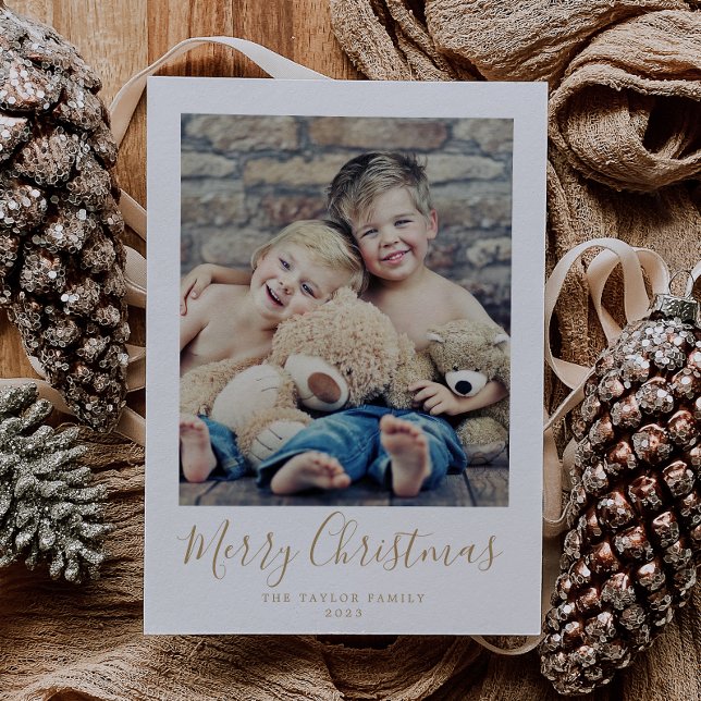 Minimalist Gold Merry Christmas Portrait Photo Holiday Card (Creator Uploaded)