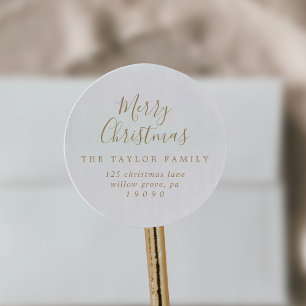 Minimalist Gold Merry Christmas Return Address Classic Round Sticker