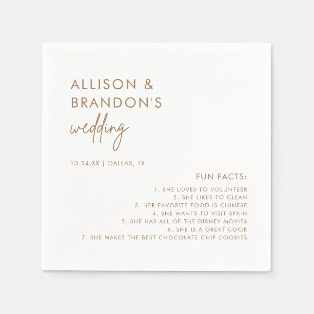 Minimalist Gold Modern Wedding Fun Facts Napkins (Front)