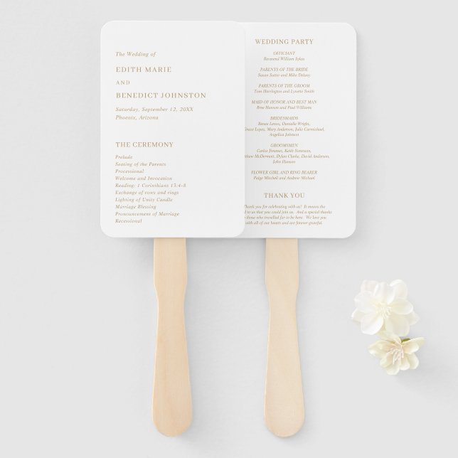 Minimalist Gold Modern Wedding Program Hand Fan (Front and Back)