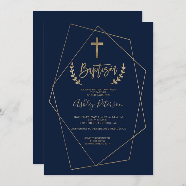Minimalist gold navy blue geometric baptism invitation (Front/Back)