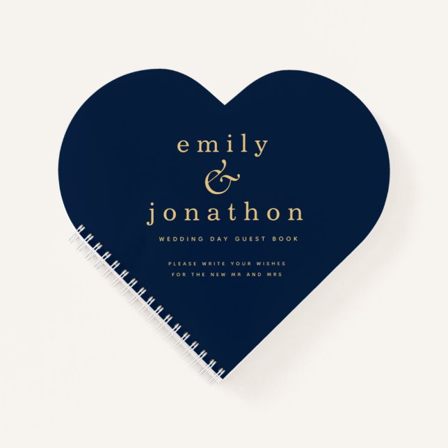 Minimalist Gold Navy Blue Wedding Heart Guest Book (Front)