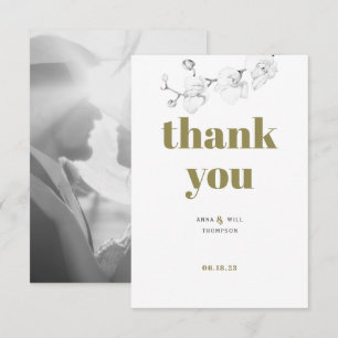 Minimalist Gold Orchid Photo Wedding Thank You Card