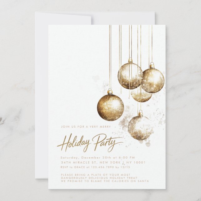 Minimalist Gold Ornaments Baubles Christmas Party Invitation (Front)