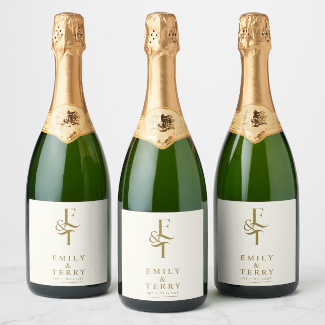 Minimalist Gold Personalized Chic Wedding Monogram Sparkling Wine Label (Bottles)