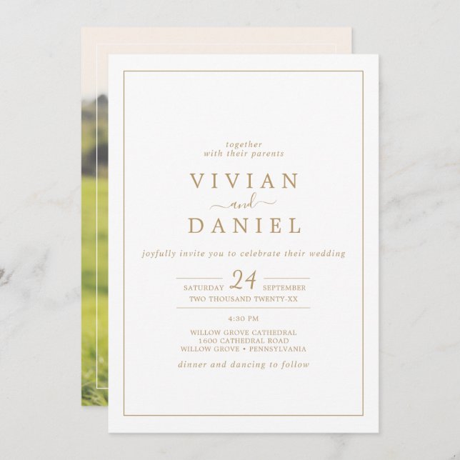 Minimalist Gold Photo on the Back Wedding Invitation (Front/Back)