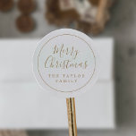 Minimalist Gold Ring Merry Christmas Holiday Gift Classic Round Sticker<br><div class="desc">These minimalist gold ring Merry Christmas holiday gift stickers are perfect for a simple holiday present or holiday card. The design features classic gold and white typography paired with a rustic yet elegant script font with hand lettered style. Personalize the stickers with your name.</div>